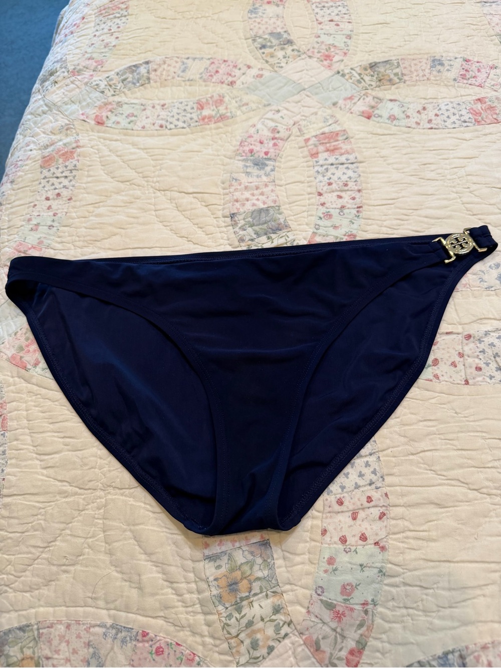 Tory Burch Navy Bikini Bottom with Gold Logo Hardware Large